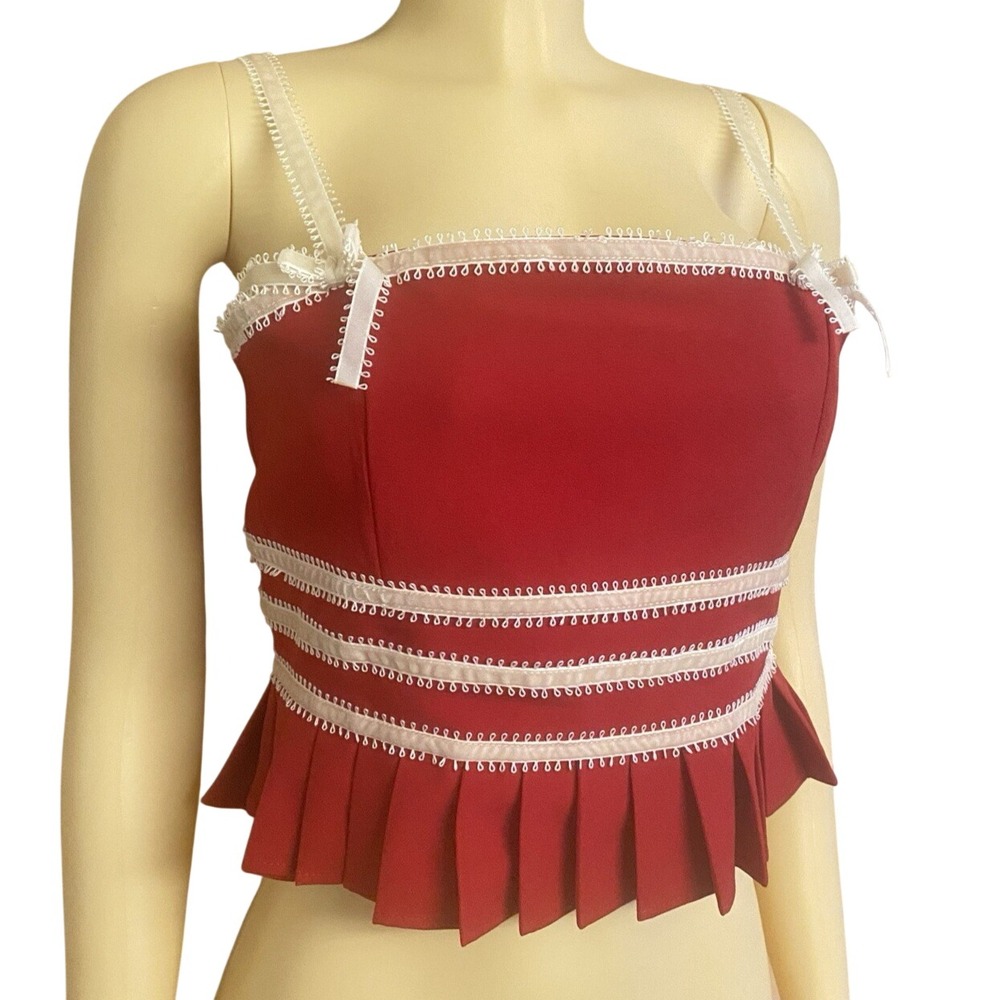 Forever 21 Coquette Girly Ribbon Cropped Tank Top Pink Red Pleated sz MED NWTโ